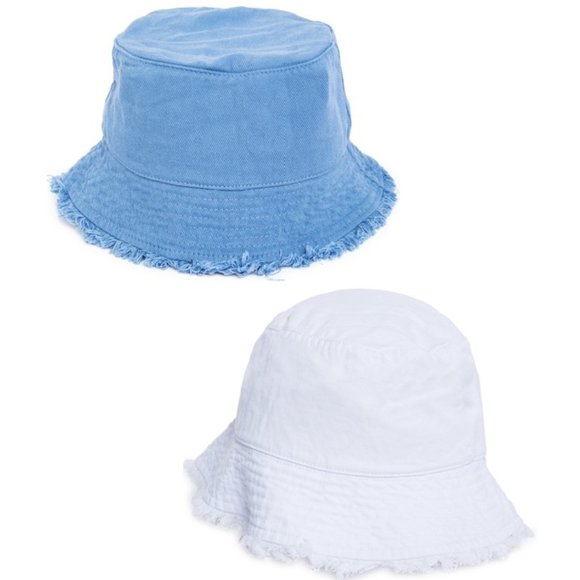 Blue and White Frayed Cotton Summer Bucket Hats - Picture 1 of 10